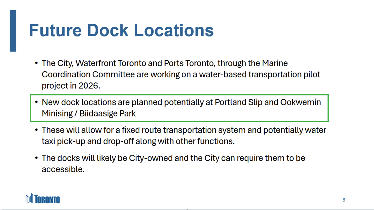 screenshot of a slide in a presentation about private water taxis. the slide is titled Future dock locations and the relevant text highlighted reads New dock locations are planned potentially at Portland Slip and Ookwemin Minising / Biidaasige Park