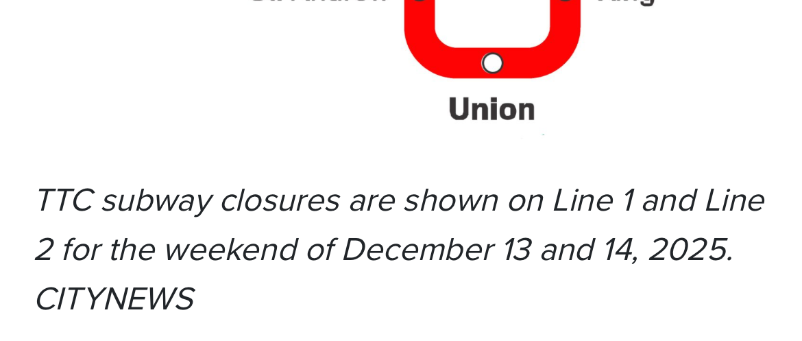 attribution text for a line 1 closure from citynews toronto. CITYNEWS in all caps at the end indicates the news org created the graphic and did not come from TTC