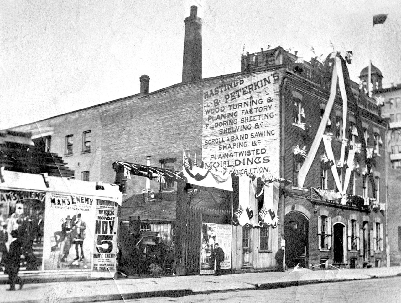 Decorations on Hastings & Peterkin's Factory (Bay St., s.w. corner Temperance St.) during a pa...jpg