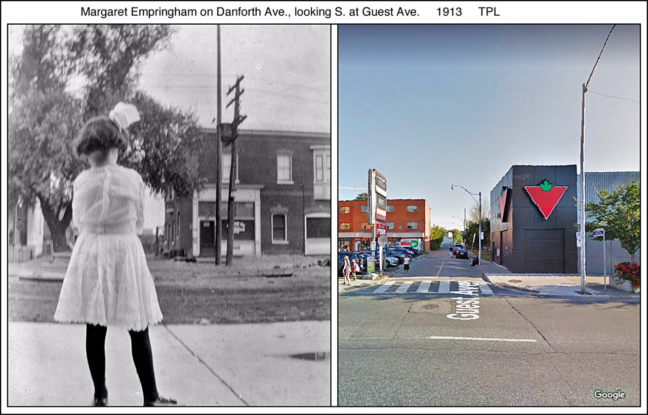 Margaret Empringham on Danforth Ave. looking S. at Guest Ave. 1913 TPL.jpg
