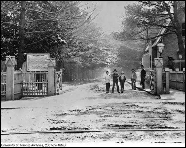 University of Toronto gates at College and Yonge Streets, ca. 1880.JPG