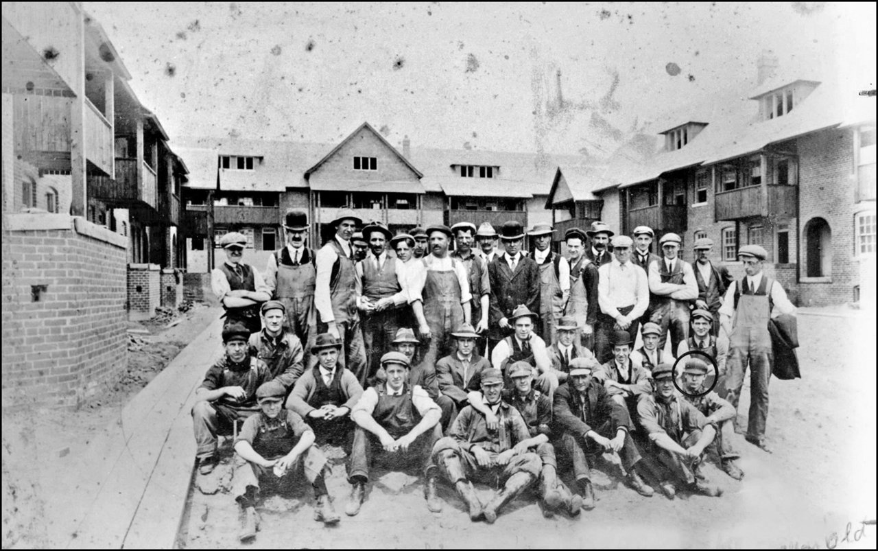 Workmen in front of Toronto housing project on Bain Ave.  1914  Art Durnan (bottom right)   TPL.jpg